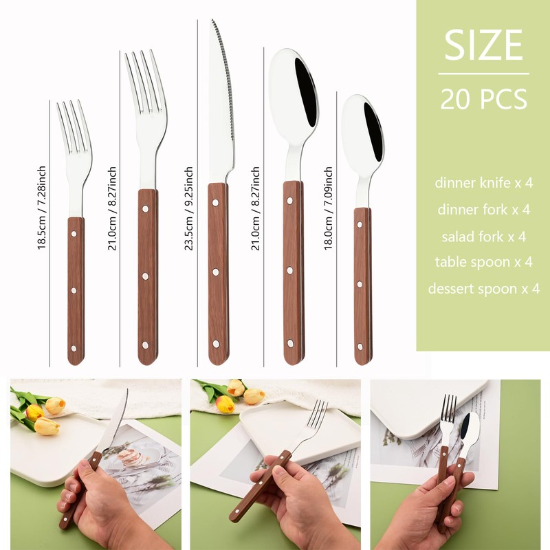 20 Pieces Forged Silverware Set for 4, Stainless Steel Wooden