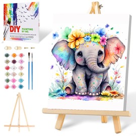 Mowana Paint by Numbers Kit for Adults Framed Canvas - with Wooden Easel, Adults' Paint-by-Number Kits Cute Elephant DIY Acrylic Oil Painting Kits Arts Crafts 7.8x11.8inch