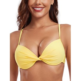 RELLECIGA Women's Lemon Yellow Push Up Bikini Top Twist Front Underwire Bathing Suit Size Medium