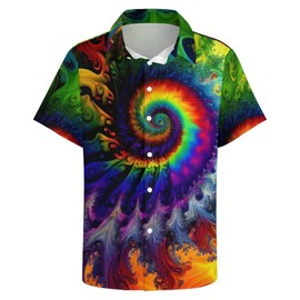 Liohans Hawaiian Mysterious Psychedelic Rainbow Totem Tie-Dye Lapel Pocket Short Sleeved Shirt Button Shirt,Green,XL