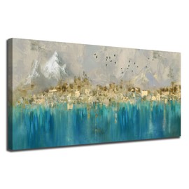 Arjun Teal Gold Abstract Wall Art Blue Turquoise Hand Painted Textured Painting Canvas Modern Grey Artwork Wooden Framed Large Size for Living Room Bedroom Bathroom Home Office Wall Decor, 48"x24"