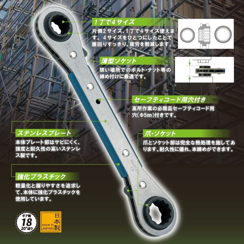 TOP PRW-3 Plate Ratchet Wrench, 4 Sizes, 0.3 x 0.4