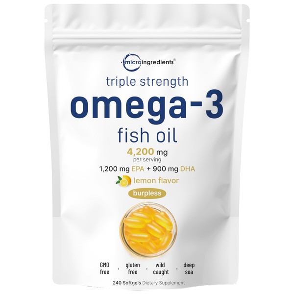 Triple Strength Omega 3 Fish Oil Supplements 4200mg Per Serving, 240 Softgels – Lemon Flavored – Burpless | EPA 1200mg + DHA 900mg | Deep Sea Fish
