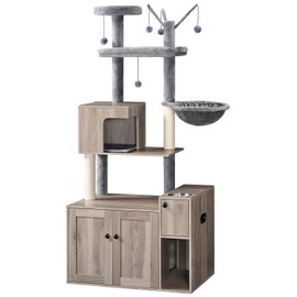 HOOBRO Cat Tree with Litter Box Enclosure, Cat Tower with Food Bowl and Storage, Hidden Cat Litter Enclosure Furniture, All-in-One Modern Cat Condo, with Cat House, Hammock and Perch, Greige BG80MZ03