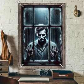 BlissYard Christmas Window Banner 31x47 Inch Snowy Window Scene Snowman Holly Red Cardinal Pine Trees Cozy Cabin Warm Light Xmas Holiday Window Cover Polyester Fabric Decor