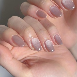 Pastel Lilac Cat Eye Press on Nails Short Coffin, SXVME Glitter Nude False Nails Medium, Sparkly Shiny Fake Nail Press ons, Cute Bling Stick on Nail for Women 30 Pcs