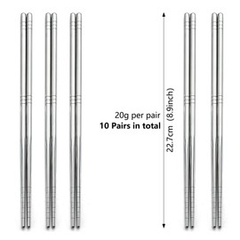 Bewos 10 Pairs Stainless Steel Chopsticks 8.9 Inch Dishwasher Safe Chopsticks, Alloy Chopsticks, Reusable Chinese Chopsticks, Stainless Steel Chopsticks, 10P
