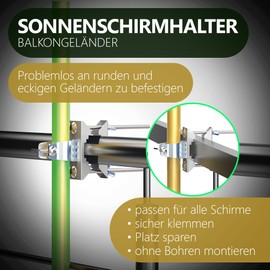 4smile Parasol Holder Balcony Railing - Compact Parasol Holder Balcony Replaces Parasol Stand Balcony - Universal Balcony Umbrella Holder for All Railing Types, Adjustable