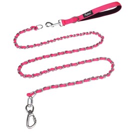 PUPTECK Chain Dog Leash Chew Proof, 2-in-1 Reflective with Soft Padded Handle for Medium Large Dogs, Durable Heavy Duty Metal Chain Anti Bite Dog Rope Walking Training Leashes, 6 FT Fuchsia