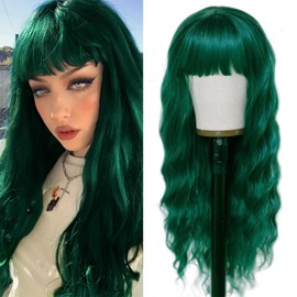 XUIEUI Green Wigs Long Wavy Green Wigs Bangs Heat Resistant Synthetic Fiber Ombre Dark Green Wig Dark Roots Wet Wavy Loose Curly Wave Wig Daily Use Cosplay Party (24inch), 24 Inch (TTK-LWW-GREEN)