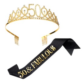 Skrfren 50th Birthday Sash and Tiara, Black Gold 50 & Fabulous Sash & Rhinestone Tiara Set Fabulous Sashs Crown for Women, Birthday Crown 50th-Birthdays-Sash for 50ths Party Favor Supply