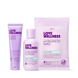 Love Wellness- Crema Comfy, limpiador y toallitas que equilibran el pH | Hidratante para la vulva, toallitas femeninas y set de lavado | Nouris