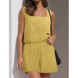 ROYLAMP Women's Summer 2 Piece Outfits Sleeveless Square Neck Crop Tops High Waisted Shorts Set Romper with Pockets Ginger Yellow XL