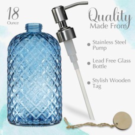 JASAI 18Oz Gem Patterned Glass Soap Dispenser for Kitchen and Bathroom, Refillable with Rust Proof Stainless Steel Pump (Blue)