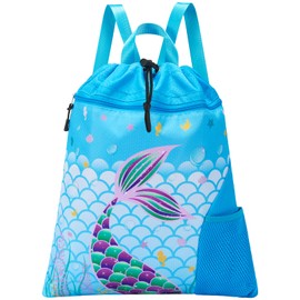 WAWSAM Mermaid Gym Drawstring Backpack - 38 × 45 cm Sports Gym PE Bag for Girls Kids Waterproof Swimming Beach Backpack Birthday Christmas Gift with Zippered Pocket and Water Bottle Holder