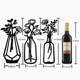3 Pieces Black Metal Flowers Wall Decor Metal Vase Wall Art Metal Wall Sculptures Hanging for Indoor Kitchen Bathroom 14.37x6.69 inches