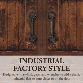 MyGift Rustic Cast Iron Door Pull Handle with Industrial Wrench and Gears Design, Heavy Duty Commercial Hardware, Decorative Mechanic Factory Style for Sliding Doors, Set of 2