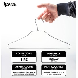 IPEA Metal Coat Hangers with Slim Design - Set of 6 - Stainless Steel Space Saving Hangers for Hanging Clothes, Jackets, Shirts for Cabinets and Wardrobes