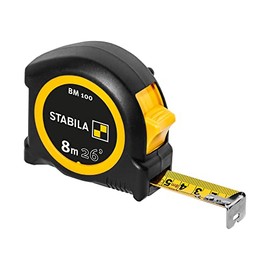 STABILA BM 100 Pocket Tape Measure 8 m Metric Scale Shatterproof ABS Housing Movable Start Hook Belt Clip MID Accuracy, black/yellow