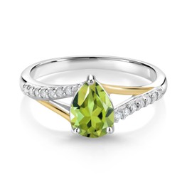 Gem Stone King 925 Silver and 10K Yellow Gold 8X6MM Pear Shape Gemstone Birthstone and White Lab Grown Diamond Engagement Ring For Women | Available In Size 5, 6, 7, 8, 9