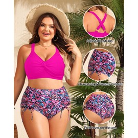 Womens Plus Size High Waisted Bikini -Twist Front Two Piece Swimsuit 2025 Tummy Control Bathing Suits with Drawstring Pink Floral 18W