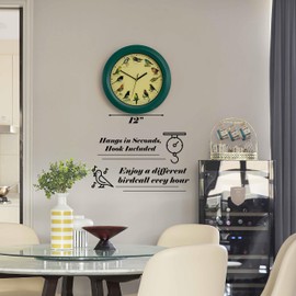 Clockswise 12" Round Decorative Singing Bird Wall Clock Battery-Operated with Wild Nature Sounds Hourly Chime and Non-Ticking for Home Office Kitchen Dining Bedroom Classroom and Living Spaces, Green