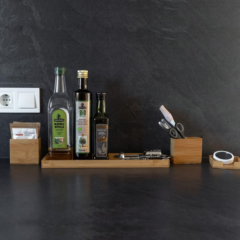 ROCDEER Bamboo Vanity Tray, 6-Piece Bathroom Countertop Vanity Tray Set,