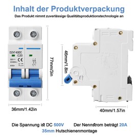 Pack of 2 DC Isolator Switches PV System, 500 V 20 A 2-Pin Solar Circuit Breaker, Circuit Breaker for Photovoltaic Systems, Protection Air Switch 35 mm DIN Rail Mounting