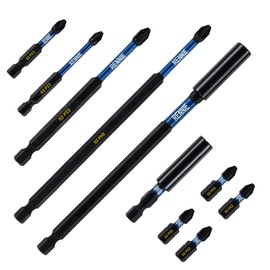 10 Piece Rennie Tool Magnetic 60mm and 152mm Professional Impact Bit Holders with 4 x 32mm Pozidriv PZ2 Screwdriver Impact Bits & 1 x 50mm/75mm/100mm/150mm Long Pozidriv PZ2 Screwdriver Impact Bit
