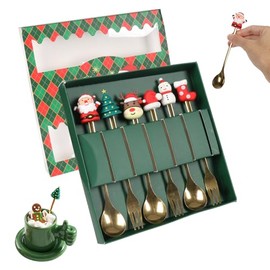Juego de 6 Cucharas y Tenedores Navideños, Cubiertos de Acero Inoxidable 410, Cubiertos Reutilizables con Diseños de Santa Claus, Reno y Árbol de Navi