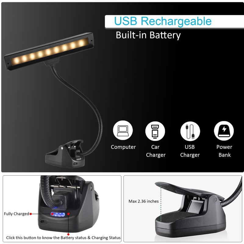 Rechargeable Music Stand Light, 19 LEDs Clip On Reading Light