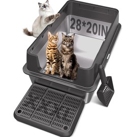 XXL Stainless Steel Litter Box with Lid, 28" Lx20 W Extra Large Cat Litter Boxes for Big Cats, Jumbo Metal Litter Box with Footboard & Scoop,Anti-Leakage,Non-Sticky,Odorless,Easy to Clean