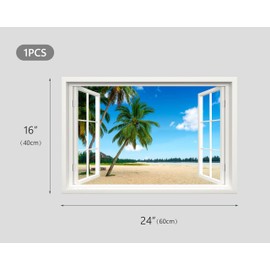 Fake Window Wall Decal - Tropical Beach Palms Faux Window Wall Mural for Home Decor, Peel and Stick Wall Sticker, 24" x 16"