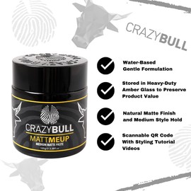 CrazyBull Hair MattMeUp Medium Matte Paste - Water-Based Hair Styling Products, Vegan Styling Cream, Volumizing Hair Products - Melon Scent - 3.38 oz