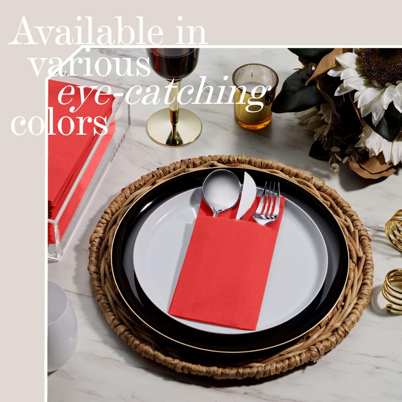 100-Pack Disposable Napkins With Pocket For Flatware, Red Napkins Paper