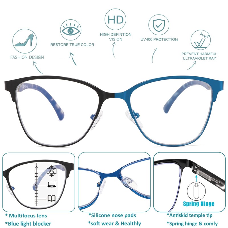 SUNAMOY Progressive Multifocal Reading Glasses Women Cat Eye No Line