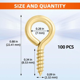 #3 x 7/8" (0.87 Inch) Screw Eyes, Screw in Eye Hooks for Securing Cables Wires, Self Tapping Screws Eye Bolts for Indoor & Outdoor Use, Gold, 100 PCS