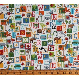 Makower Cotton ABC Animals Alphabet Squares Kids White Fabric Print by Yard D775.05