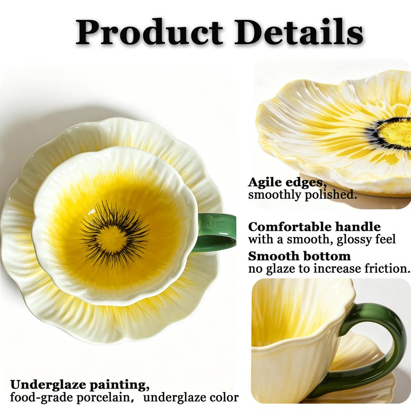 Decorative Ceramic Flower Coffee Cup Set, 5.5 Inch, Peony Floral
