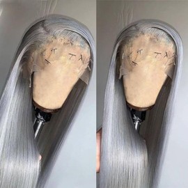 Smartinnov Grey Human Hair Wig Glueless 13x4 HD Transparent Lace Front 8 Inch Pre Plucked with Baby Hair 150% Density Silver Grey Lace Frontal Wigs Silky Straight for Women