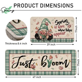 Tailus Spring is Here When Tulips Appear Kitchen Rugs Set of 2, Just Bloom Gnome Flower Green Plaid Polka Dot Kitchen Mats Decor, Farmhouse Floor Door Mat Home Decorations -17x29 and 17x47 Inch