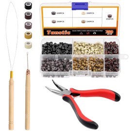 Tanstic Kit de Extensión de Cabello de 753 Piezas, Que Incluye 750 Piezas de Microanillos Forrados de Silicona de 5 Colores con Alicates de Extensión de Cabello, Gancho para Tirar Y Enhebrador de Aguj