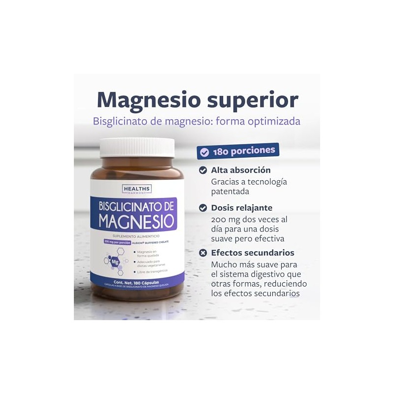 Magnesio Bisglicinato Quelado 200 mg, Cápsulas Veganas, 180 Cápsulas