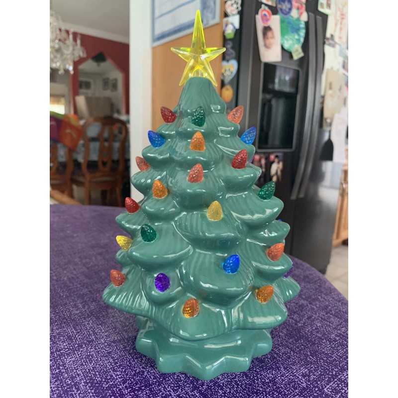 Ceramic Christmas Tree Large Green Tabletop Tree Multicolored Lights 11"