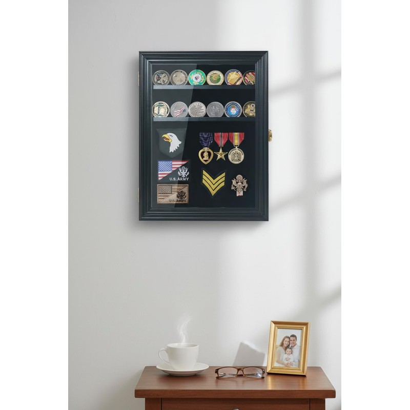 Military Challenge Coin Display Case with Medals Display 11x14IN Shadow