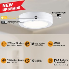 LIT-PaTH Battery Powered Motion Sensor LED Ceiling Lights, 6.1inch 5000K Battery Operated Flush Mount Light, 140 Lumens Wireless Ceiling Lamps for Closet Pantry Laundry, 1-Pack(Battery Not Included)