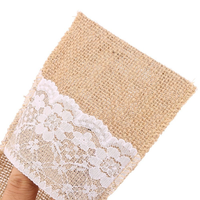DECORA 4 X8 Inch Hessian Burlap Lace Jute Cutlery Pocket