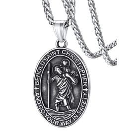 FaithHeart Oval Saint Christopher Medal Necklace for Men Silver Religious/Protector/Travel Pendant Strong Links Sturdy Clasp