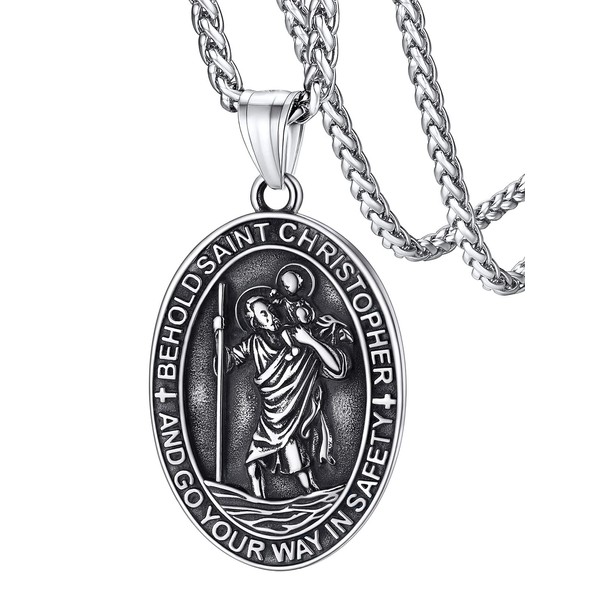 FaithHeart Oval Saint Christopher Medal Necklace for Men Silver Religious/Protector/Travel