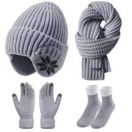 4 Packs Women Winter Hat Scarf Gloves Socks Set, Fleece Lined Beanie Hat with Ear Covers Warm Touch Screen Gloves Long Knit Scarf Warmer Stocking for Girls Winter Accessories Cold Weather (Gray)
